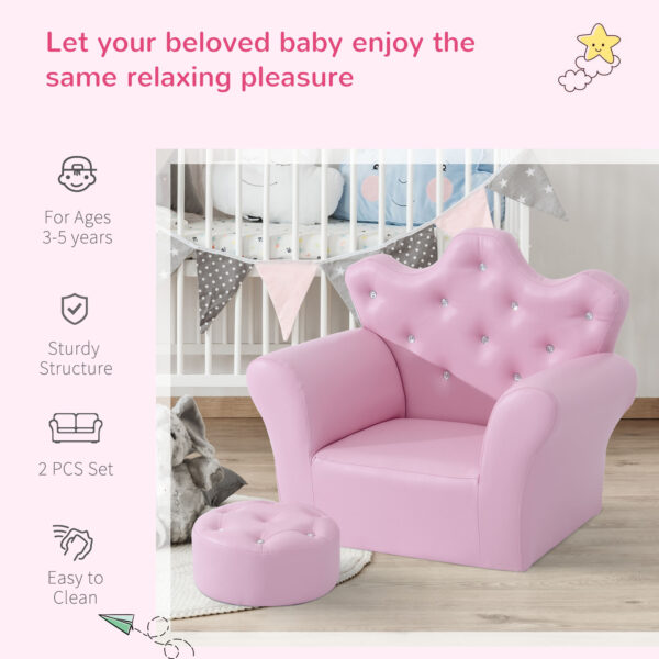 HOMCOM Children Kids Sofa Set Armchair Chair Seat with Free Footstool PU Leather Pink - Image 7