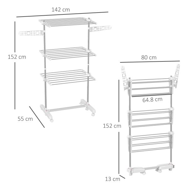 HOMCOM 3 Tier Clothes Airer with Wheels and Wings, Dry Soon Airer with Stainless Steel, Easy Assembly Indoor and Outdoor, White & Silver   Aosom UK - Image 3