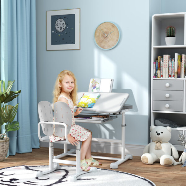 AIYAPLAY Height Adjustable Kids Desk and Chair Set, School Study Writing, Reading Table Chair Set w/ Tilted Desktop, Grey   Aosom UK - Image 2