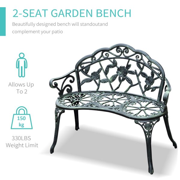 Outsunny Cast Aluminium Outdoor Garden Patio Antique Rose Style Bench Porch Park Chair Seater - Green   Aosom UK - Image 4