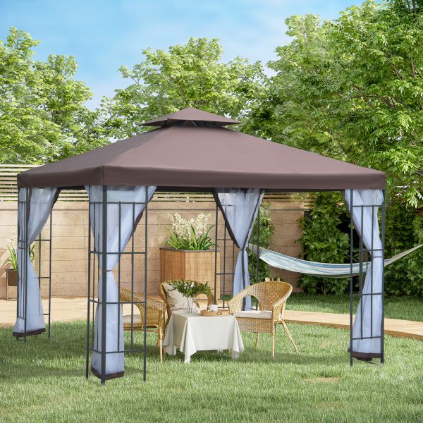 Outsunny 3 x 3(m) Patio Gazebo Canopy Garden Pavilion Tent Shelter with 2 Tier Roof and Mosquito Netting, Steel Frame, Coffee - Image 2