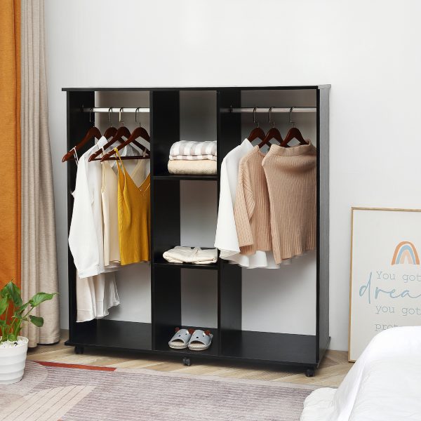 HOMCOM Double Mobile Open Wardrobe With Clothes Hanging Rails Storage Shelves Organizer Bedroom Furniture - Black   Aosom UK - Image 2