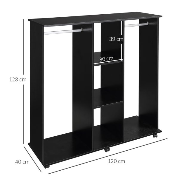 HOMCOM Double Mobile Open Wardrobe With Clothes Hanging Rails Storage Shelves Organizer Bedroom Furniture - Black   Aosom UK - Image 3