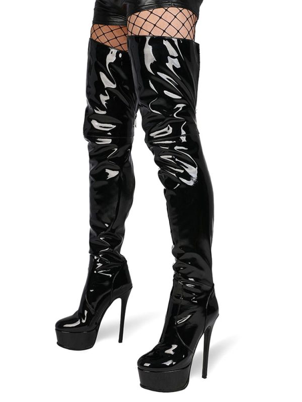 Over The Knee Boots Leather Platform Round Toe Bright Leather Zip Up High Heel Thigh High Boots - Image 2