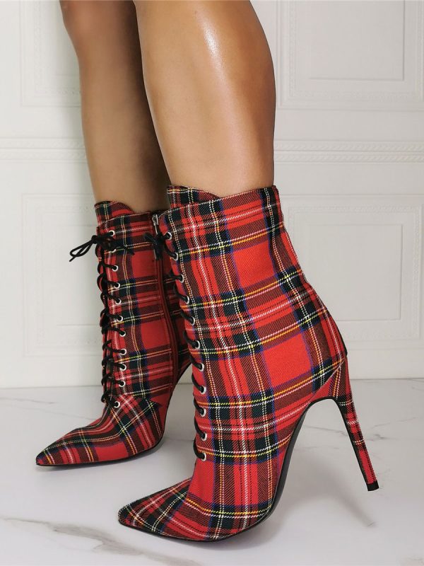 Women Ankle Boots Red Canvas Pointed Toe Stiletto Heel Sky High Houndstooth Booties - Image 4