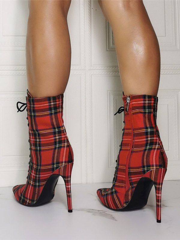 Women Ankle Boots Red Canvas Pointed Toe Stiletto Heel Sky High Houndstooth Booties - Image 3