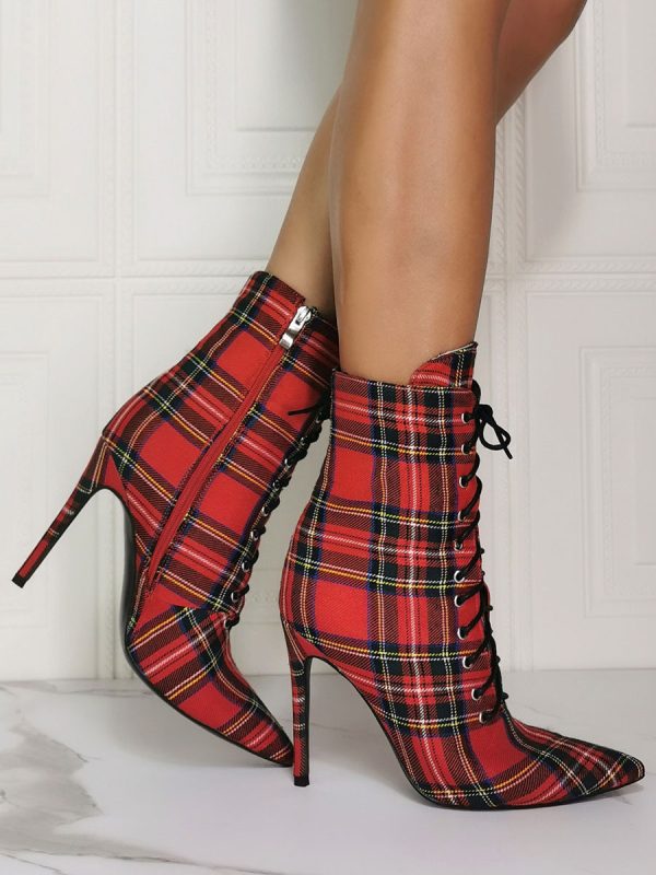 Women Ankle Boots Red Canvas Pointed Toe Stiletto Heel Sky High Houndstooth Booties - Image 2