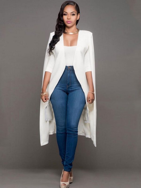 Women White Poncho Long Sleeve Irregular Cape Blazer - Image 3