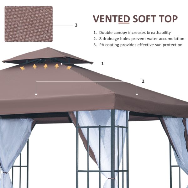 Outsunny 3 x 3(m) Patio Gazebo Canopy Garden Pavilion Tent Shelter with 2 Tier Roof and Mosquito Netting, Steel Frame, Coffee - Image 4