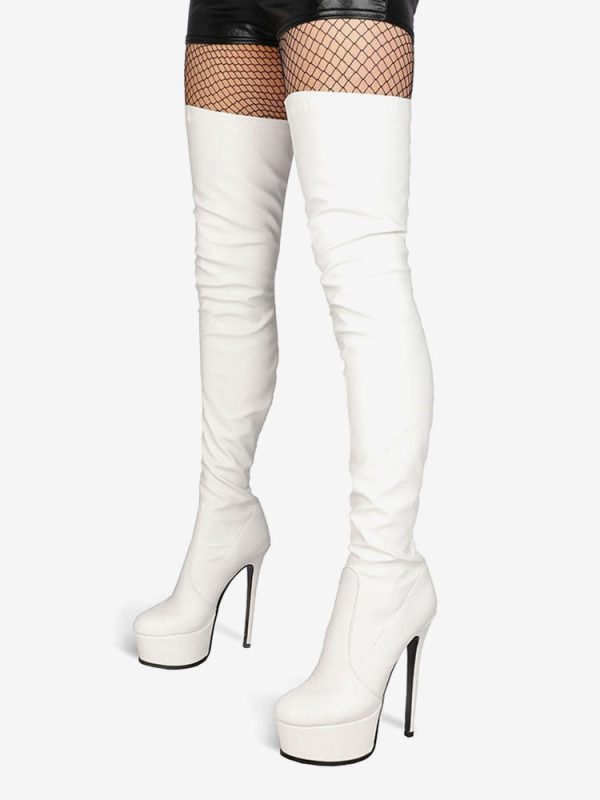 Over The Knee Boots Leather Black Round Toe Platform Thigh High Boots - Image 9