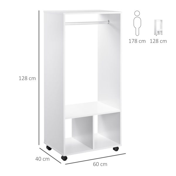 HOMCOM Open Wardrobe with Hanging Rod and Storage Shelves Mobile Garment Rack on Wheels Bedroom, Cloakroom, White - Image 3