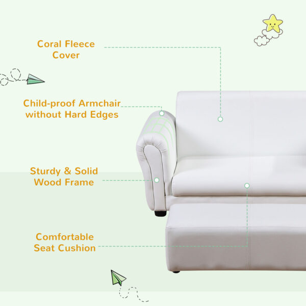 HOMCOM 2 Seater Toddler Chair Kids Twin Sofa Childrens Double Seat Chair Furniture Armchair Boys Girls Couch w/ Footstool (White) - Image 6