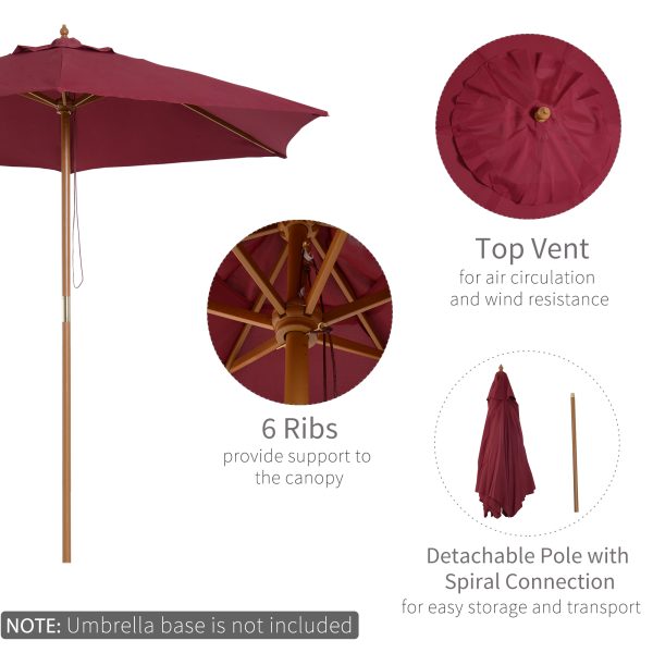 Outsunny Wooden Garden Parasol, 2.5m Outdoor Umbrella Sun Shade with Pulley System, Wine Red   Aosom UK - Image 4