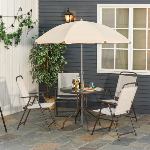 Outsunny Garden Patio Texteline Folding Chairs Plus Table and Parasol Furniture Bistro Set - Beige (6-Piece) - Image 2