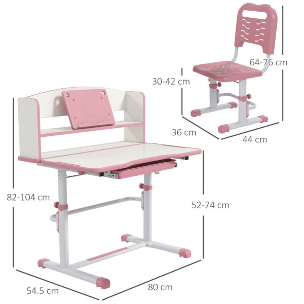 ZONEKIZ Height Adjustable Kids Study Table and Chair Set, with Drawer, Storage Shelf, 80 x 54.5 x 104 cm, Pink   Aosom UK - Image 3