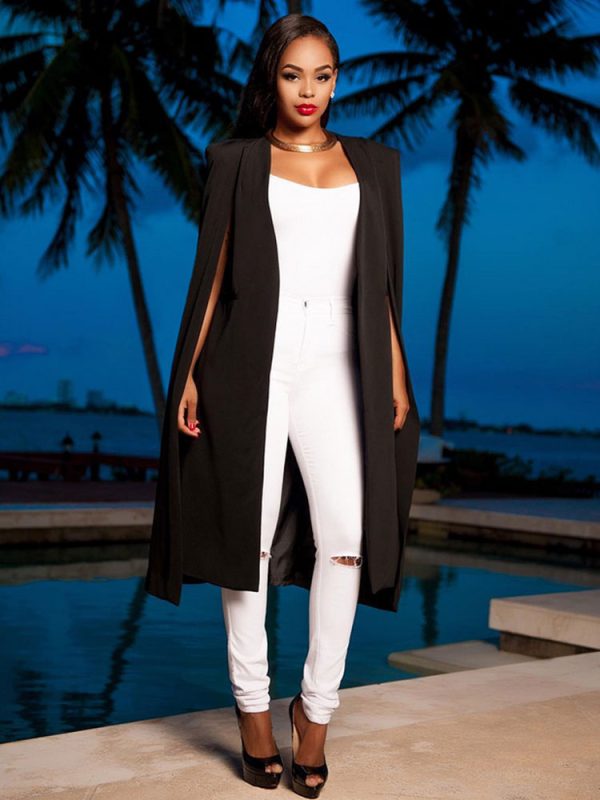 Women White Poncho Long Sleeve Irregular Cape Blazer - Image 2