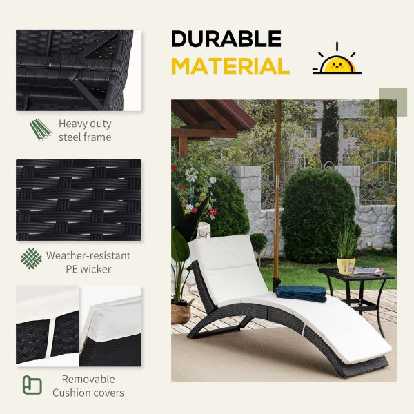 Outsunny Garden Patio Rattan Wicker Folding Sun Lounger Recliner Bed Chair with Cushion for Outdoor, Black - Image 4