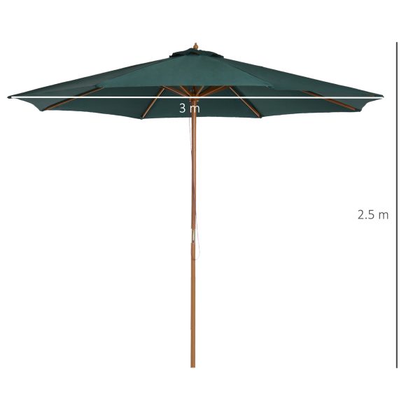 Outsunny 3(m) Wooden Patio Umbrella, Pulley Operated Garden Parasol with Rope Pulley Mechanism and 8 Ribs, Dark Green   Aosom UK - Image 3