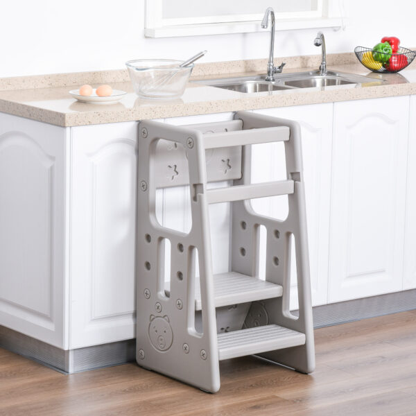 HOMCOM Kids Step Stool Adjustable Standing Platform Toddler Kitchen Stool -Standing Tower for Kitchen Counter Learning Platform w/ Three Heights Grey - Image 2