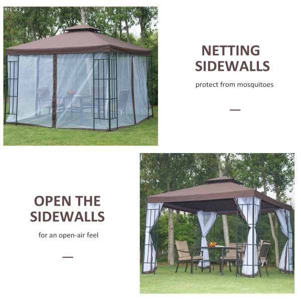 Outsunny 3 x 3(m) Patio Gazebo Canopy Garden Pavilion Tent Shelter with 2 Tier Roof and Mosquito Netting, Steel Frame, Coffee - Image 6