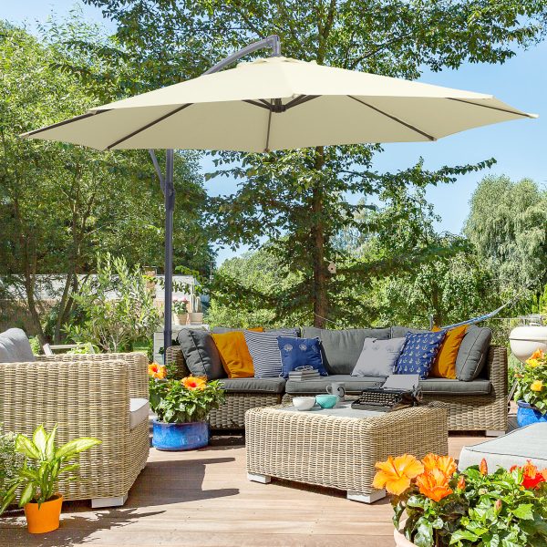 Outsunny Cantilever Parasol: 3m Patio Banana Hanging Umbrella, Crank & Tilt, 8 Ribs, Cross Base, Creamy White   Aosom UK - Image 2