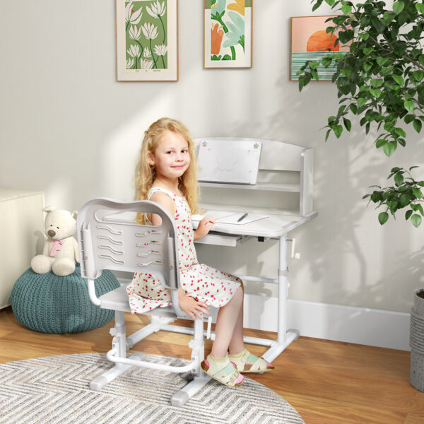 ZONEKIZ Height Adjustable Kids Study Table and Chair Set, with Drawer, Storage Shelf, 80 x 54.5 x 104 cm, Grey   Aosom UK - Image 2