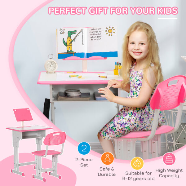 HOMCOM Children's Study Desk and Chair Set, Adjustable Height with Drawer, Bookshelf, Cup Holder & Pen Groove, Pink   Aosom UK - Image 4