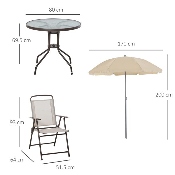 Outsunny Garden Patio Texteline Folding Chairs Plus Table and Parasol Furniture Bistro Set - Beige (6-Piece) - Image 3