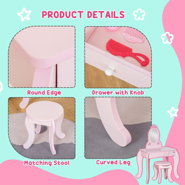 HOMCOM Kids Vanity Table & Stool Girls Dressing Set Make Up Desk Chair Dresser Play Set with Mirror Pink   Aosom UK - Image 6