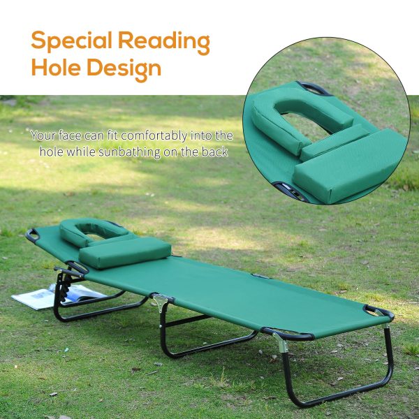 Outsunny Foldable Outdoor Sun Lounger Adjustable Backrest Reclining Chair with Pillow and Reading Hole Garden Beach, Dark Green   Aosom UK - Image 7