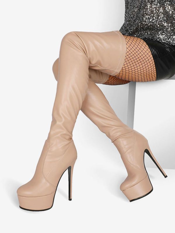 Over The Knee Boots Leather Black Round Toe Platform Thigh High Boots - Image 10