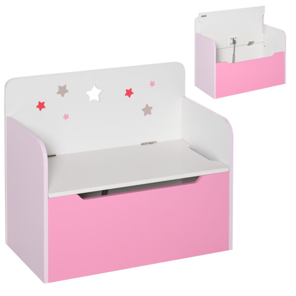 HOMCOM Kids Wooden Toy Storage Chest Chair 2 in 1 Design with Gas Stay Bar Safety Hinges Lid 60 x 30 x 50cm Pink   Aosom UK - Image 7