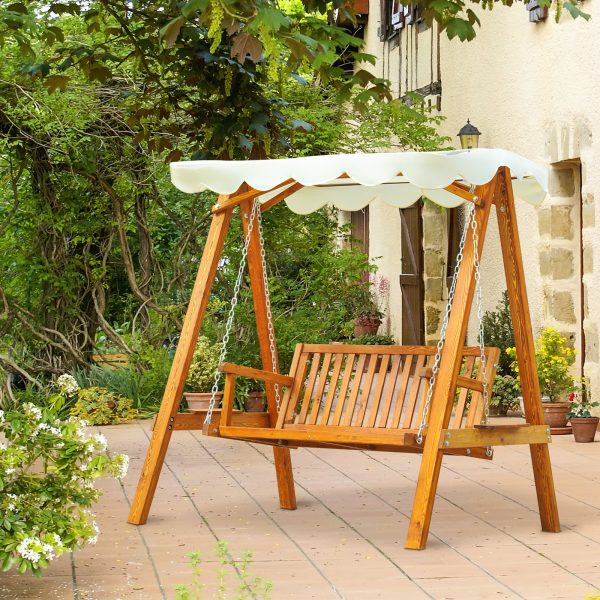 Outsunny 2 Seater Garden Swing Seat Wooden Swing Chair Outdoor Hammock Bench Furniture, Cream White - Image 2