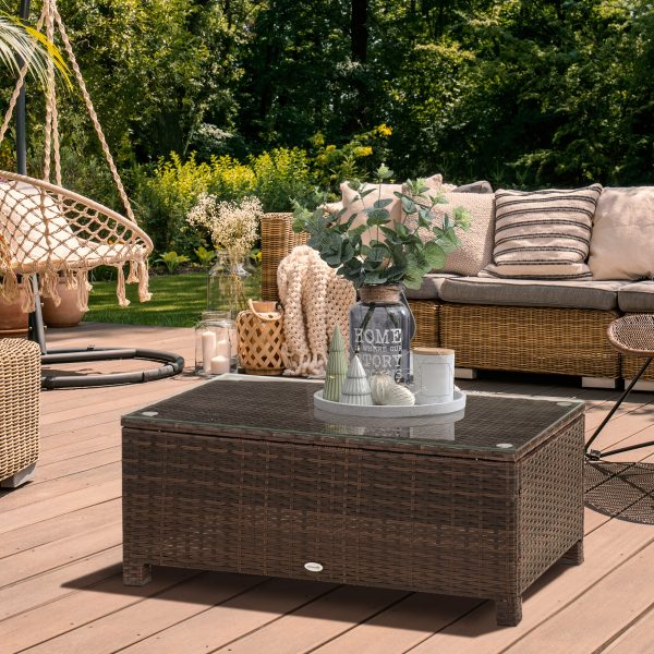 Outsunny Rattan Garden Furniture Coffee Table Patio Tempered Glass (Mixed Brown)   Aosom UK - Image 2