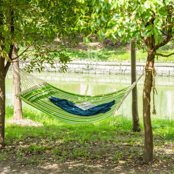 Outsunny Striped Hammock with Pillow, Outdoor Garden Camping Swing Bed, 188L x 140W cm, Blue and White Stripe   Aosom UK - Image 2