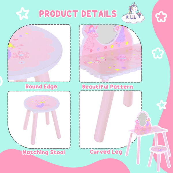 HOMCOM Kids Dressing Table Girls Pink Wooden Kids Dressing Table & Stool Make Up Desk Chair Toys Fairy Dresser Play Set w/Mirror   Aosom UK - Image 5