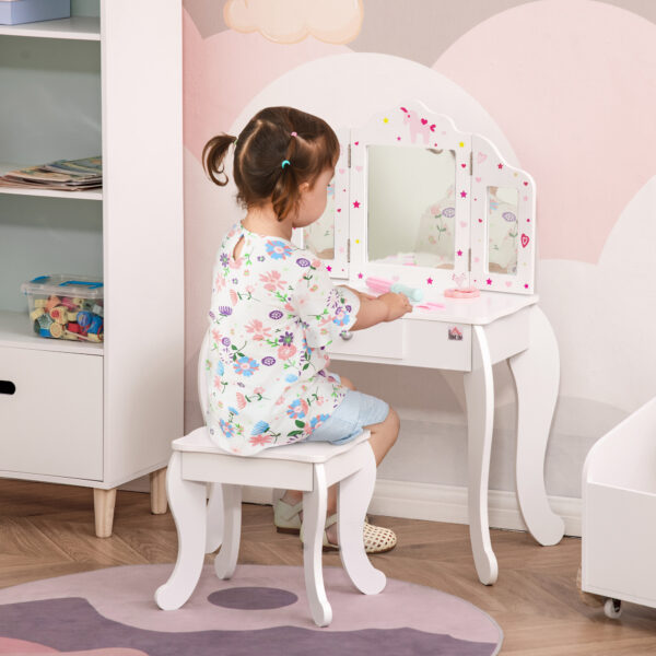 HOMCOM Kids Vanity Table & Stool Girls Dressing Set Make Up Desk Chair Dresser Play Set with Rotatable Mirrors Drawer Star & Heart Pattern White - Image 2