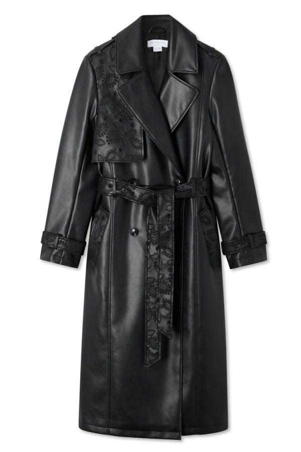 Women's Embroidered Vegan Leather Trench Coat in Black, Size Large by Never Fully Dressed - Image 4