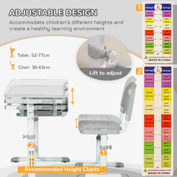 HOMCOM Kids Desk and Chair Set Height Adjustable Student Writing Desk Children School Study Table with Tiltable Desktop, Grey - Image 6