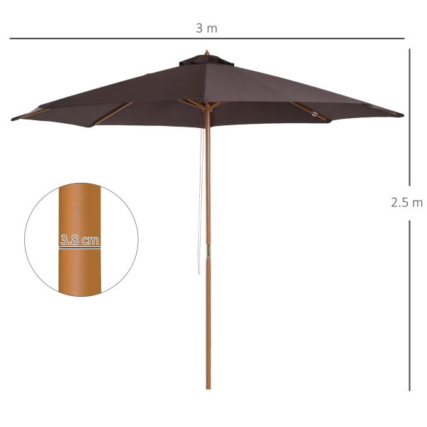 Outsunny Bamboo Wooden Patio Umbrella, 3m Garden Parasol with 8 Ribs, Outdoor Sunshade Canopy, Coffee   Aosom UK - Image 3