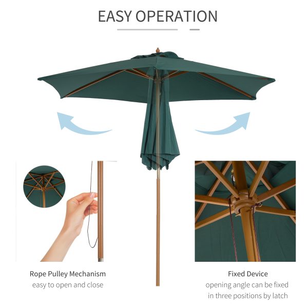 Outsunny Wooden Parasol: 2.5m UV-Protective Garden Umbrella with Pulley System, Dark Green   Aosom UK - Image 6