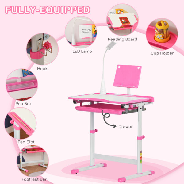 HOMCOM Kids Desk and Chair Set, Height Adjustable Study Desk with USB Lamp, Storage Drawer for Study, Pink and White - Image 5