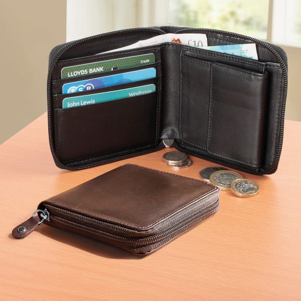 RFID Leather Zip Wallet Brown H12 x W11.5 x D2cm