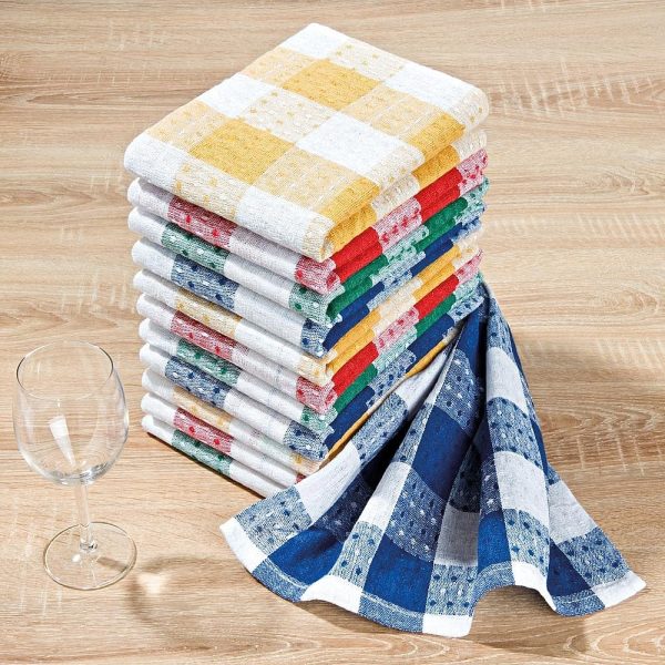 Tea Towels Pack of 12 Blue,Red,Yellow,Green Check 65x45cm