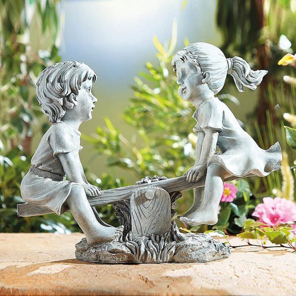 Garden Statue Boy & Girl On See-Saw H28 xW33 xD13.5cm