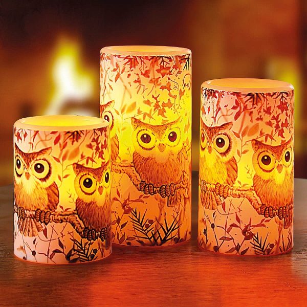 Owl LED Candles Set of 3 H10 x W7.5cm & H12.5 x 7.5cm & H15 x 7.5cm