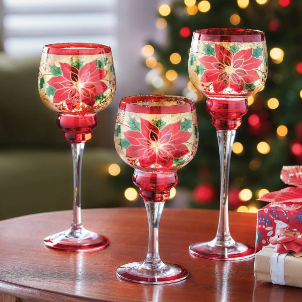 Poinsettia Goblet Candle Holders Set of 3 H18cm, H22cm, H24cm, all Dia. 8.5cm