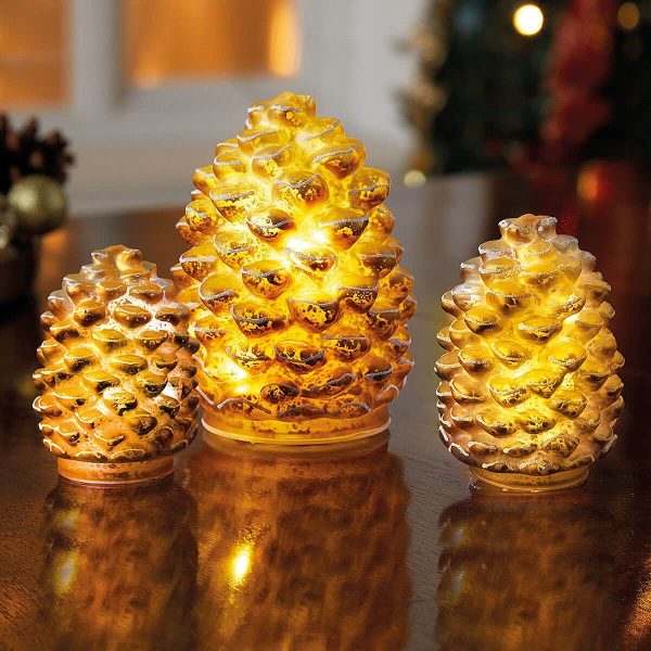 Glass LED Pine Cones Set of 3 H12.3cm, H9cm, H8cm