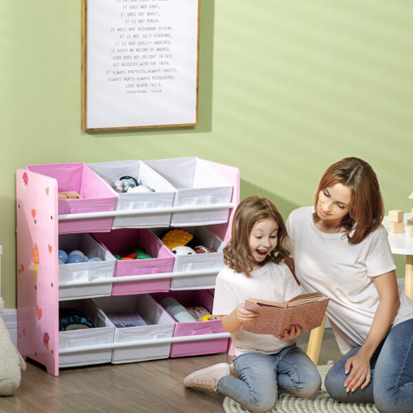 ZONEKIZ 3-Tier Storage Rack Toy Storage Organizer with 9 Removable Bins & Smooth Edges, for Playroom, Nursery and Kids Room, Pink   Aosom UK - Image 8