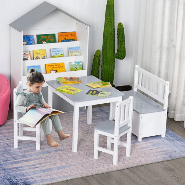 HOMCOM 4-Piece Kids Table Set with 2 Wooden Chairs, 1 Storage Bench, and Interesting Modern Design, Grey/White - Image 2